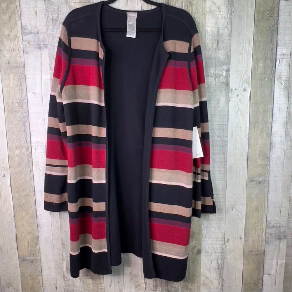 Chicos Size 3 Reversible/Striped Open Front Oversized Cardigan Sweater